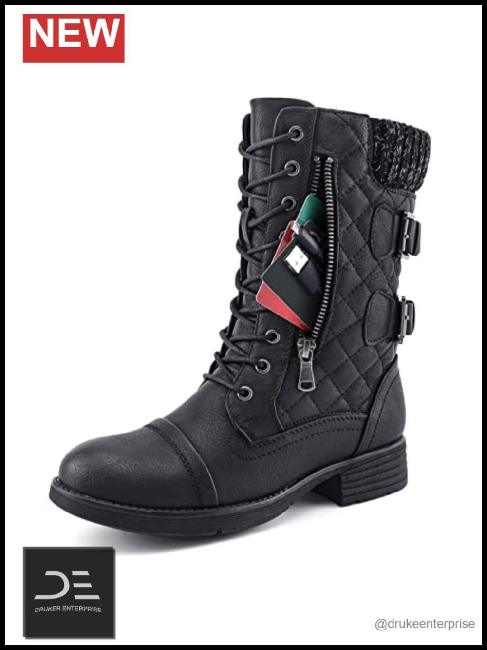 Mid Calf Combat Boots Vegan Faux Leather Side Zip Hidden Pocket Winter